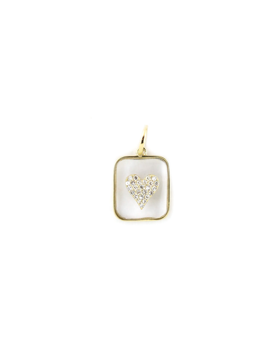 14K Gold Rectangle Clear Crystal Diamond Heart Charm