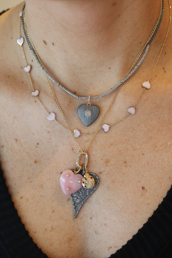 14K Gold Pink Opal Heart Station Necklace