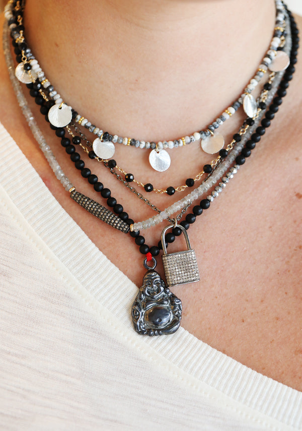 Matte Black Onyx Silver Buddha Necklace
