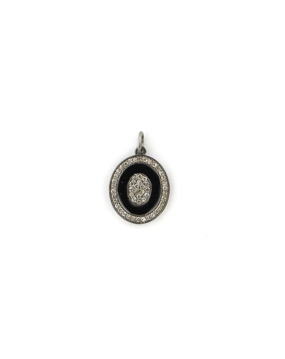 Silver Diamond Black Enamel Oval Charm