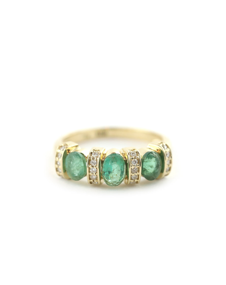 14K Gold Retro Oval Emerald Diamond Ring