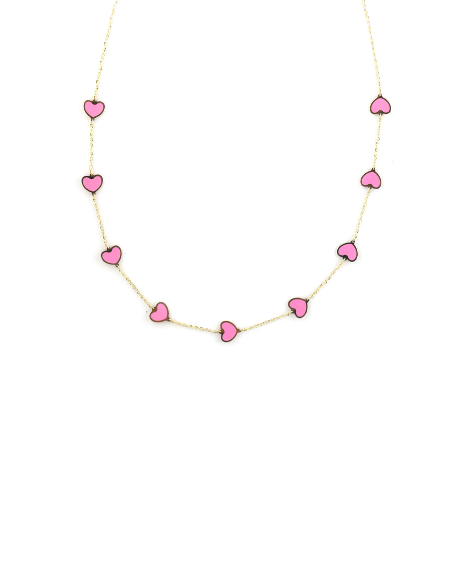 14k Gold Hot Pink Heart Station Necklace