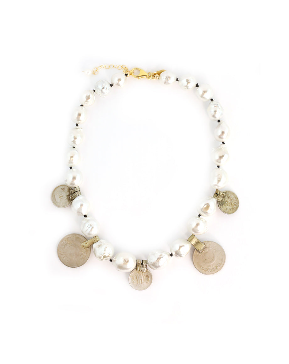 White Pearl with Vintage Afghan Coins Necklace
