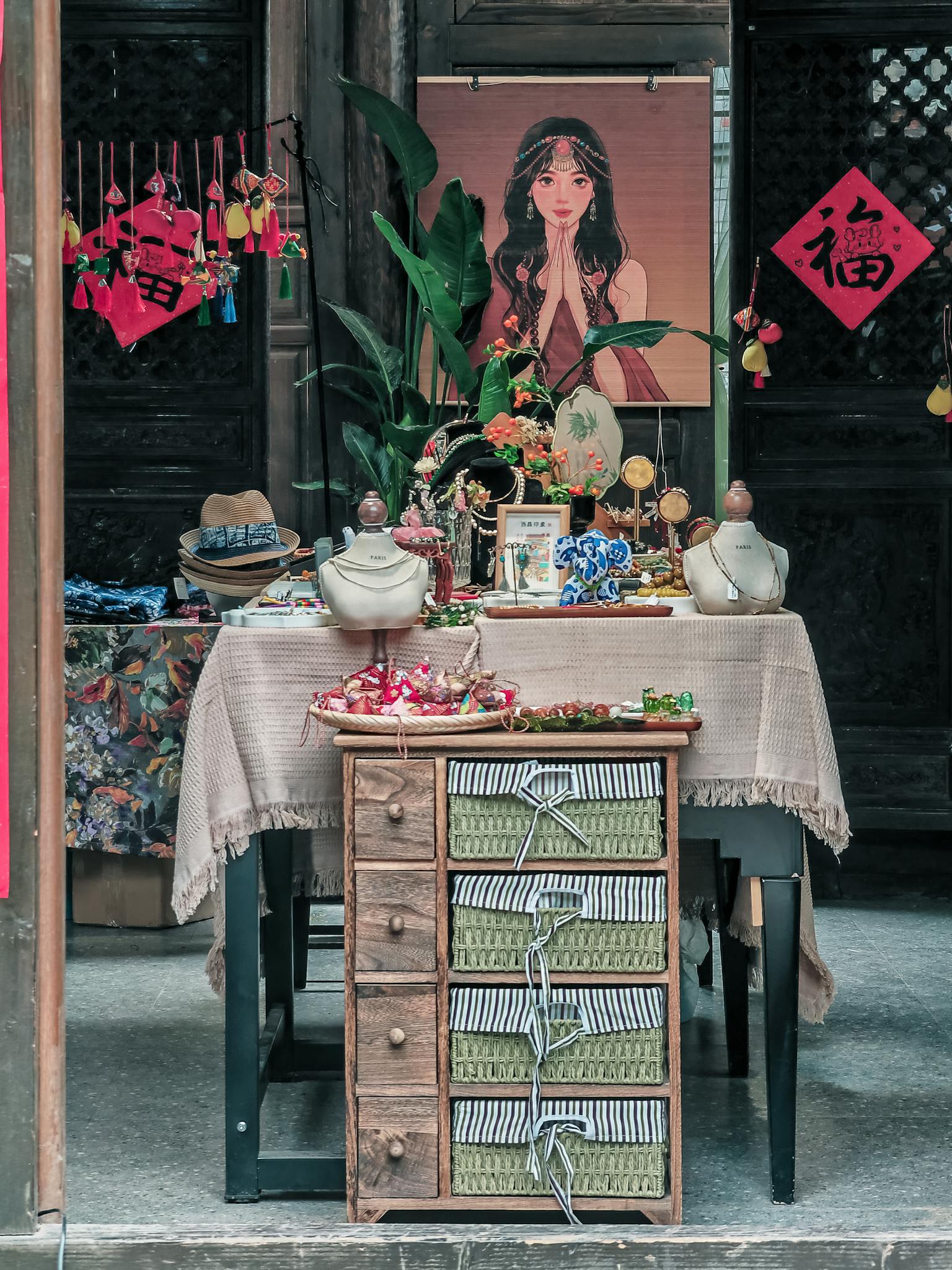 Vibrant shop featuring traditional crafts and cultural decorations in an inviting setting.